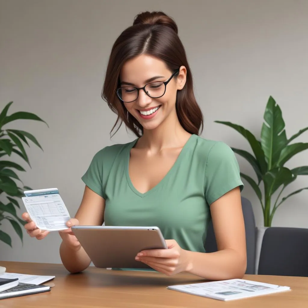 Woman smiling while looking at her budget on a tablet, feeling in control